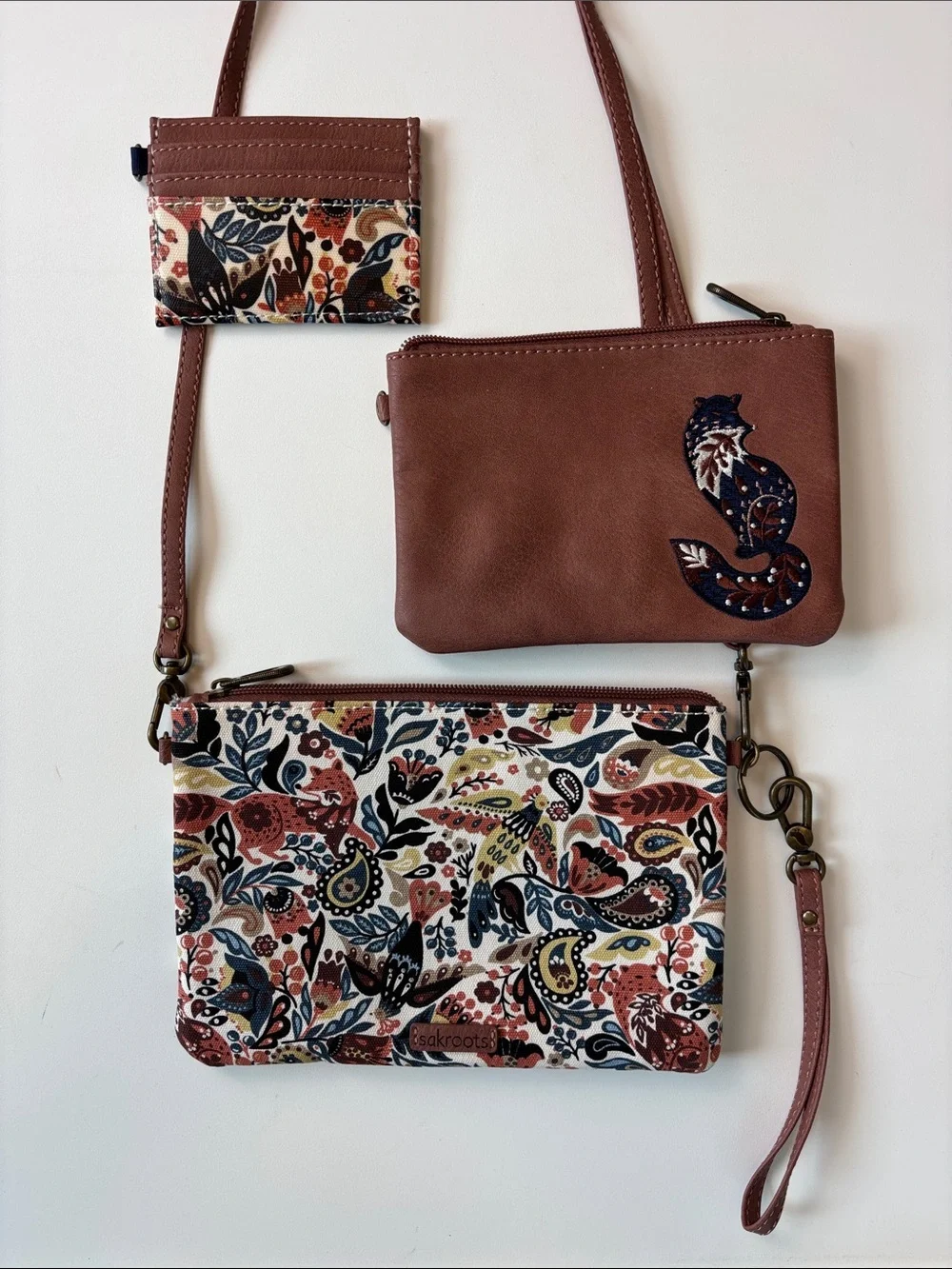 Sakroots 3-Piece Set Crossbody Bag Brown Fox Floral Folk Art Pouch Card Holder‎